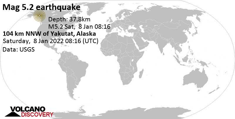 Terremoto moderado mag. 5.2 - Southern Yukon Territory, Canada, sábado,  8 ene 2022 01:16 (GMT -7)