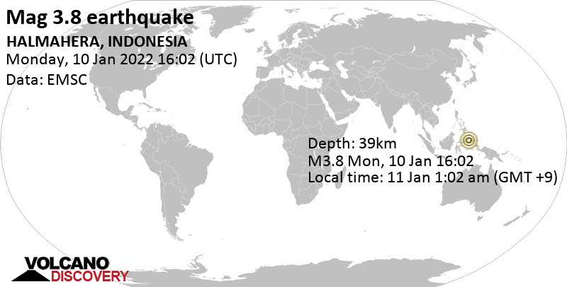 Séisme faible mag. 3.8 - Molucca Sea, Indonésie, mardi, 11 janv. 2022 01:02 (GMT +9)