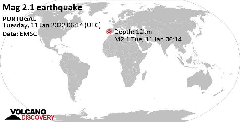 Μικρός σεισμός μεγέθους 2.1 - Évora, 90 km ανατολικά από Λισαβώνα, Πορτογαλία, Τρίτη, 11 Ιαν 2022 06:14 (GMT +0)