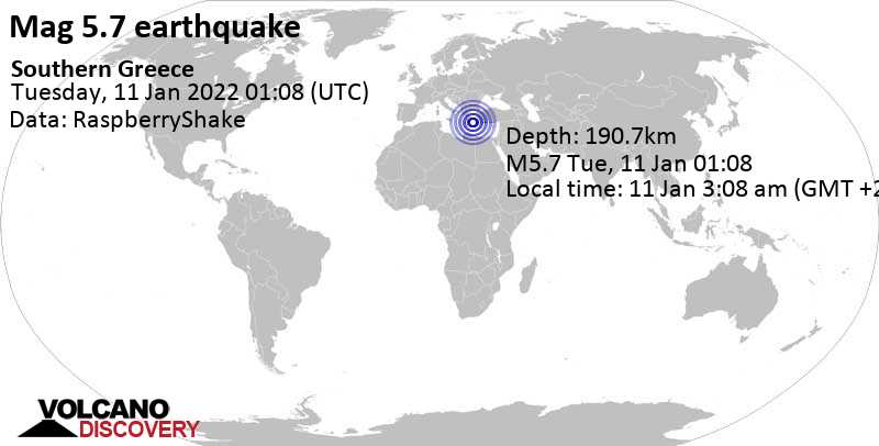 Terremoto moderado mag. 5.7 - Aegean Sea, 172 km SSE of Athens, Nomarchia Athinas, Attica, Greece, martes, 11 ene 2022 03:08 (GMT +2)