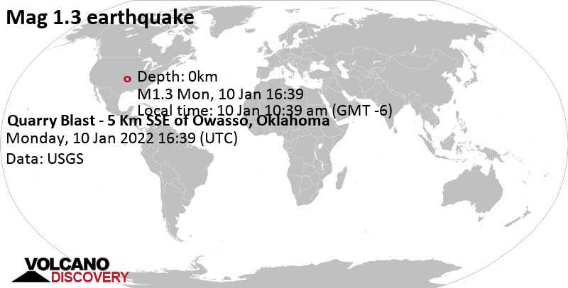 Minor mag. 1.3 earthquake - Quarry Blast - 5 Km SSE of Owasso, Oklahoma, on Monday, Jan 10, 2022 at 10:39 am (GMT -6)