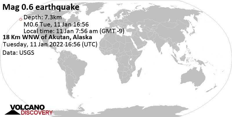 Séisme mineur mag. 0.6 - 18 Km WNW of Akutan, Alaska, mardi, 11 janv. 2022 07:56 (GMT -9)