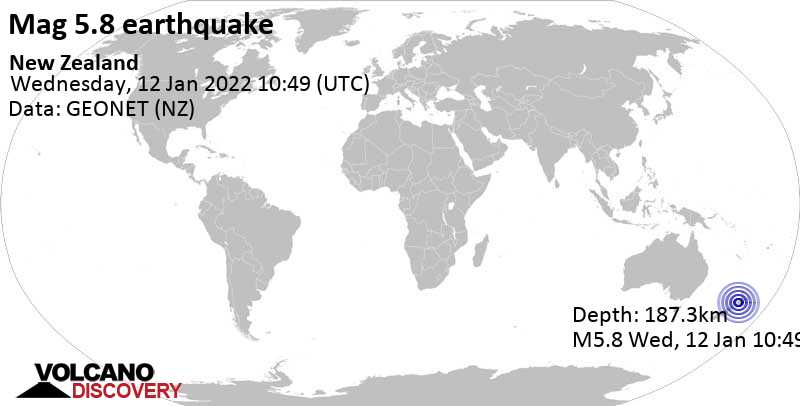 Умеренное землетрясение маг. 5.8 - Taranaki, 127 km к западу от Северный остров , Новая Зеландия, Среда, 12 янв 2022 23:49 (GMT +13)