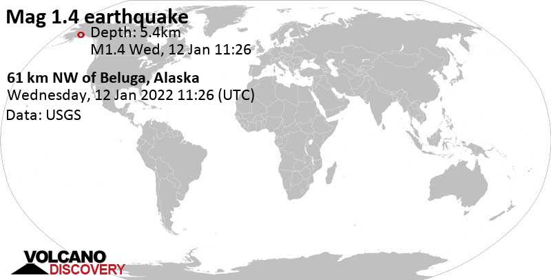 Minor mag. 1.2 earthquake - 61 Km NW of Beluga, Alaska, on Wednesday, Jan 12, 2022 at 2:26 am (GMT -9)