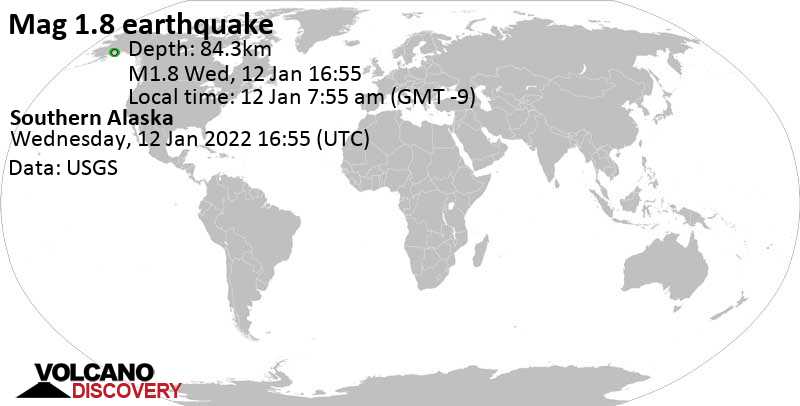 Minor mag. 1.8 earthquake - Southern Alaska on Wednesday, Jan 12, 2022 at 7:55 am (GMT -9)