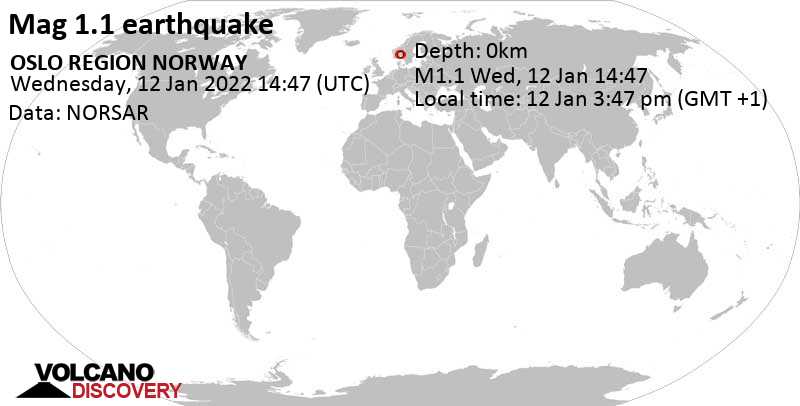 Незначительное землетрясение маг. 1.1 - OSLO REGION NORWAY, Среда, 12 янв 2022 15:47 (GMT +1)