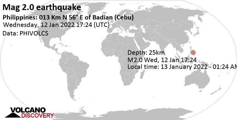 Minor mag. 2.0 earthquake - 61 km southwest of Cebu City, Province of Cebu, Central Visayas, Philippines, on Thursday, Jan 13, 2022 at 1:24 am (GMT +8)