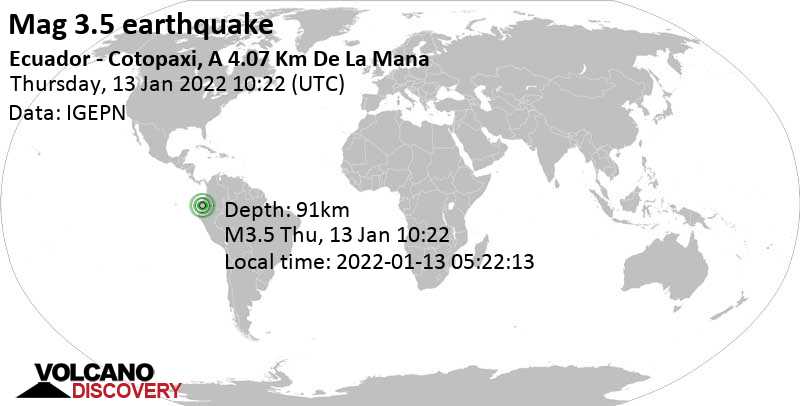 Séisme très faible mag. 3.5 - Provincia de Cotopaxi, 114 km au sud-ouest de San Francisco de Quito, Équateur, jeudi, 13 janv. 2022 05:22 (GMT -5)
