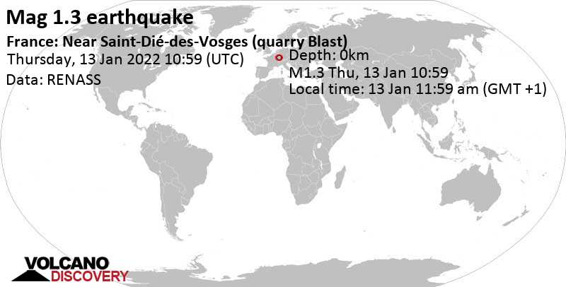 Minor mag. 1.3 earthquake - France: Near Saint-Dié-des-Vosges (quarry Blast) on Thursday, Jan 13, 2022 at 11:59 am (GMT +1)