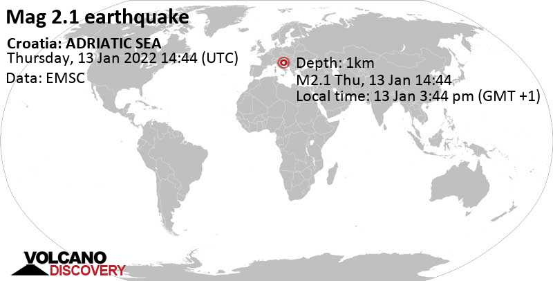 Слабое землетрясение маг. 2.1 - Адриатическое море, 134 km к юго-западу от Загреб, Хорватия, Четверг, 13 янв 2022 15:44 (GMT +1)