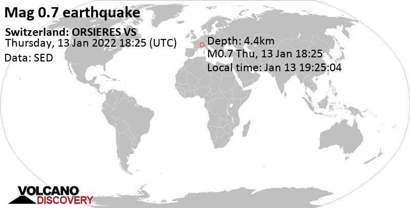 Minor mag. 1.2 earthquake - Switzerland: ORSIERES VS on Thursday, Jan 13, 2022 at 7:25 pm (GMT +1)