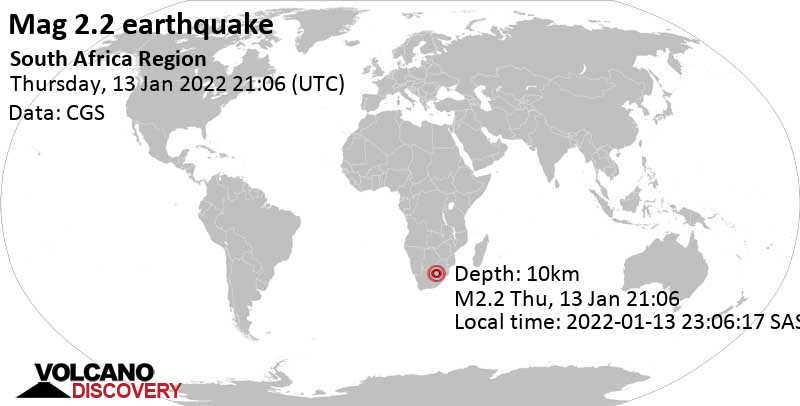 Weak mag. 2.2 earthquake - Orange Free State, 290 km southwest of Pretoria, South Africa, on Thursday, Jan 13, 2022 at 11:06 pm (GMT +2)