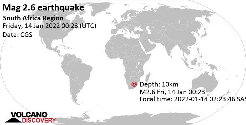 Weak mag. 2.6 earthquake - Orange Free State, 285 km southwest of Pretoria, South Africa, on Friday, Jan 14, 2022 at 2:23 am (GMT +2)