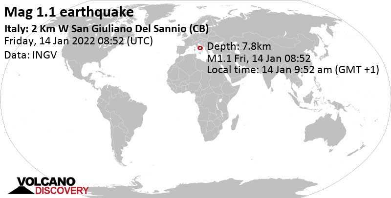 Minor mag. 1.1 earthquake - Italy: 2 Km W San Giuliano Del Sannio (CB) on Friday, Jan 14, 2022 at 9:52 am (GMT +1)