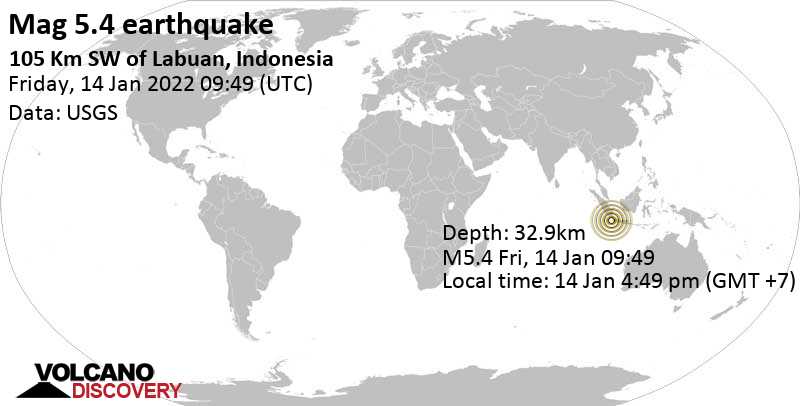 Δυνατός σεισμός μεγέθους 5.4 - Indian Ocean, 207 km νοτιοδυτικά από Τζακάρτα, Ινδονησία, Παρασκευή, 14 Ιαν 2022 16:49 (GMT +7)