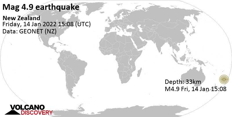 Умеренное землетрясение маг. 4.9 - South Pacific Ocean, Новая Зеландия, Пятница, 14 янв 2022 03:08 (GMT -12)
