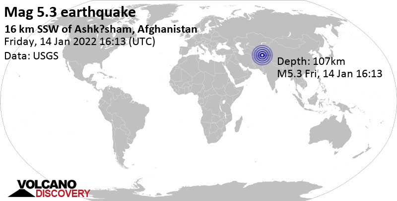 Moderates Erdbeben der Stärke 5.1 - Badakhshan, Afghanistan, am Freitag, 14. Jan 2022 um 21:13 Lokalzeit