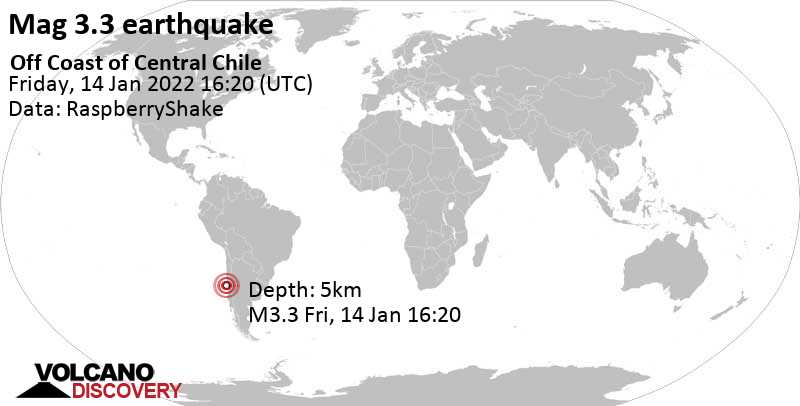 Leichtes Erdbeben der Stärke 3.3 - South Pacific Ocean, 169 km nordwestlich von Santiago de Chile, Provincia de Santiago, Chile, am Freitag, 14. Jan 2022 um 11:20 Lokalzeit