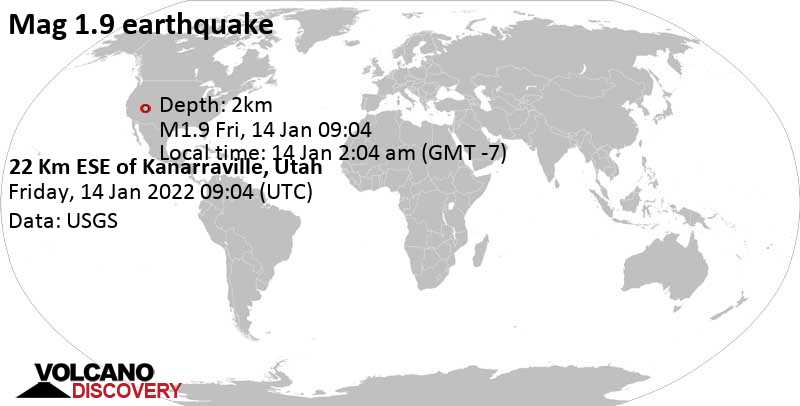 Weak mag. 1.9 earthquake - 22 Km ESE of Kanarraville, Utah, on Friday, Jan 14, 2022 at 2:04 am (GMT -7)