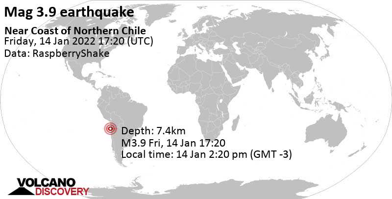 Μέτριος σεισμός μεγέθους 3.9 - South Pacific Ocean, Χιλή, Παρασκευή, 14 Ιαν 2022 14:20 (GMT -3)