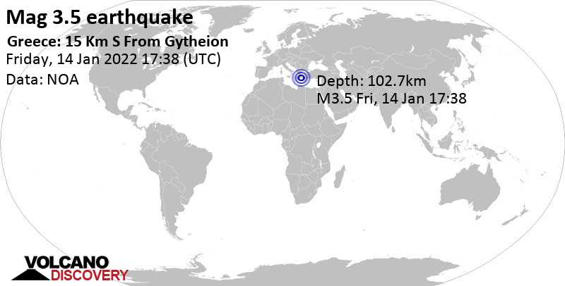 Незначительное землетрясение маг. 3.5 - Ионическое море, 179 km к юго-западу от Афины, Греция, Пятница, 14 янв 2022 19:38 (GMT +2)