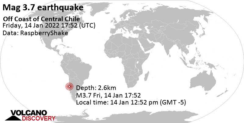 Terremoto moderato mag. 3.7 - South Pacific Ocean, 146 km a nord ovest da Santiago del Cile, Provincia de Santiago, Regione Metropolitana di Santiago, Cile, venerdì, 14 gen 2022 12:52 (GMT -5)
