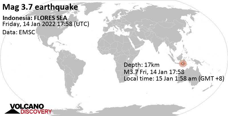 Слабое землетрясение маг. 3.7 - Флорес (море), Индонезия, Суббота, 15 янв 2022 01:58 (GMT +8)