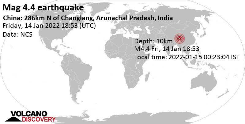 Умеренное землетрясение маг. 4.4 - China: 286km N of Changlang, Arunachal Pradesh, India, Суббота, 15 янв 2022 02:53 (GMT +8)