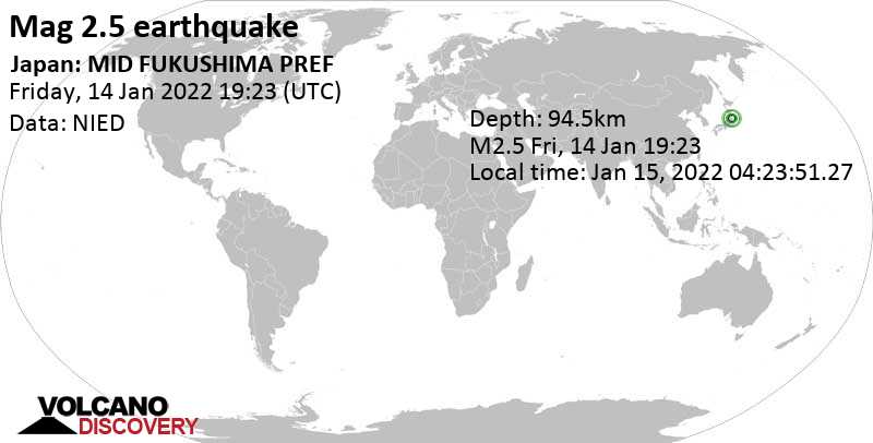 Sismo muy débil mag. 2.5 - Fukushima, 196 km NNE of Tokyo, Japan, sábado, 15 ene 2022 04:23 (GMT +9)
