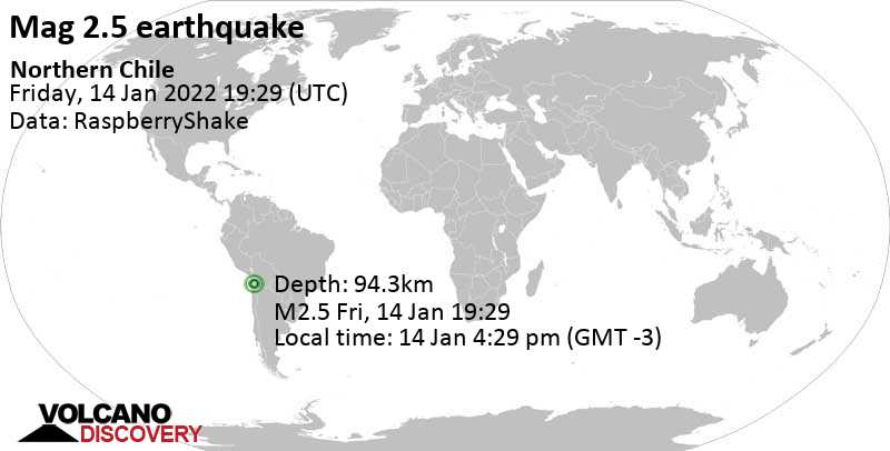 Minor mag. 2.5 earthquake - Tarapaca, Chile, on Friday, Jan 14, 2022 at 4:29 pm (GMT -3)