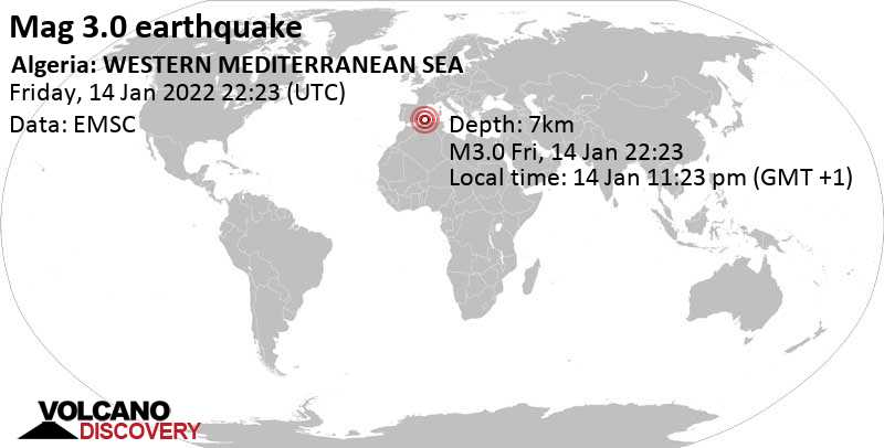 Light mag. 3.0 earthquake - Western Mediterranean, 113 km northwest of Algiers, Alger, on Friday, Jan 14, 2022 at 11:23 pm (GMT +1)