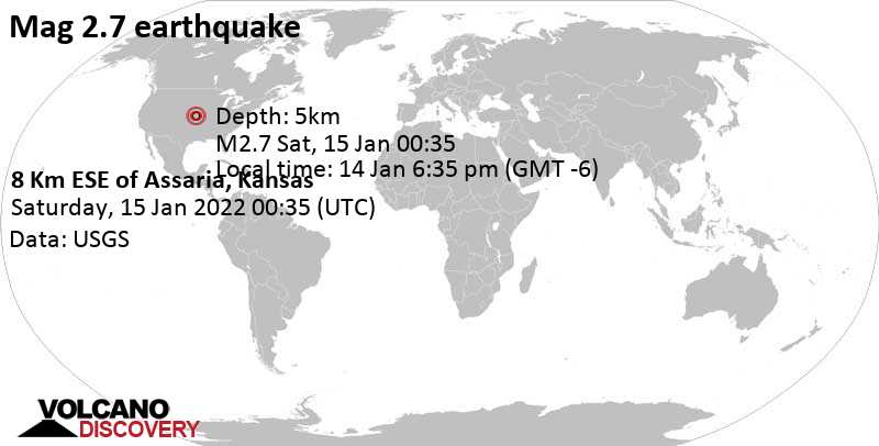 Слабое землетрясение маг. 2.7 - Канзас, Соединенные Штаты, Пятница, 14 янв 2022 18:35 (GMT -6)