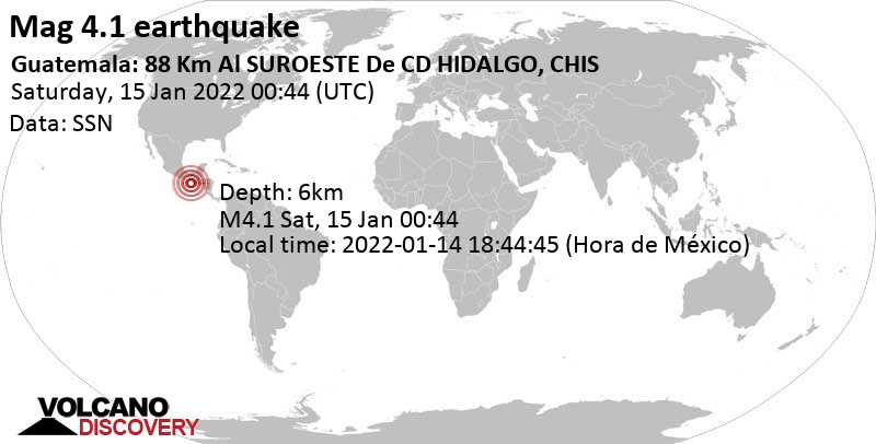 Μέτριος σεισμός μεγέθους 4.1 - North Pacific Ocean, 237 km δυτικά από Πόλη της Γουατεμάλας, Γουατεμάλα, Παρασκευή, 14 Ιαν 2022 18:44 (GMT -6)