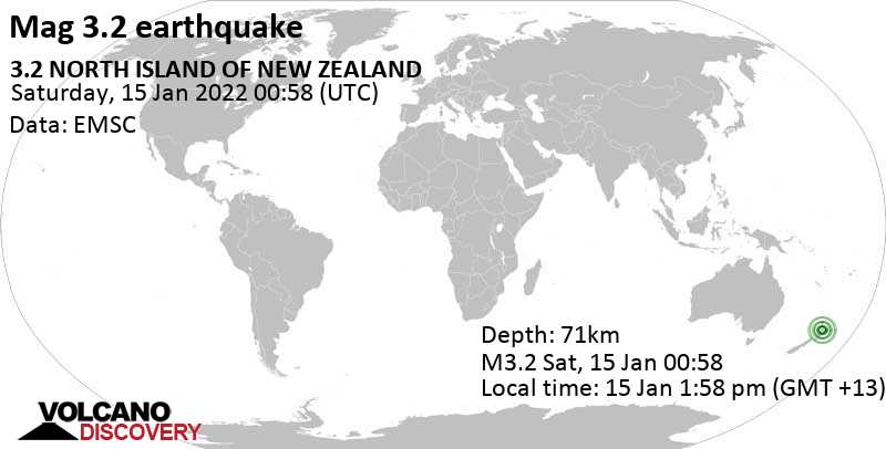 Sismo minore mag. 3.2 - Waikato, Nuova Zelanda, sabato, 15 gen 2022 13:58 (GMT +13)