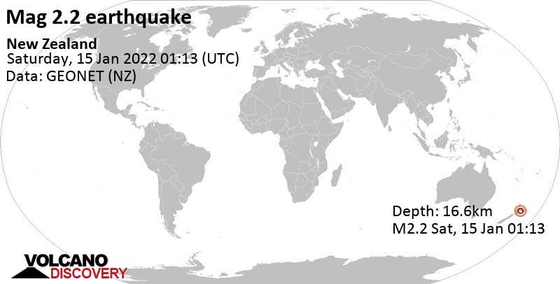 Sehr schwaches Beben Stärke 2.2 - South Pacific Ocean, Neuseeland, am Samstag, 15. Jan 2022 um 14:13 Lokalzeit
