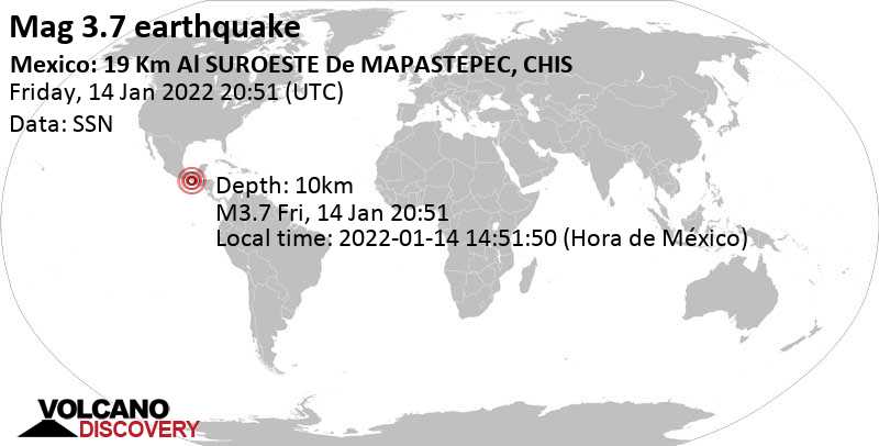 Light mag. 3.7 earthquake - Chiapas, Mexico, on Friday, Jan 14, 2022 at 2:51 pm (GMT -6)