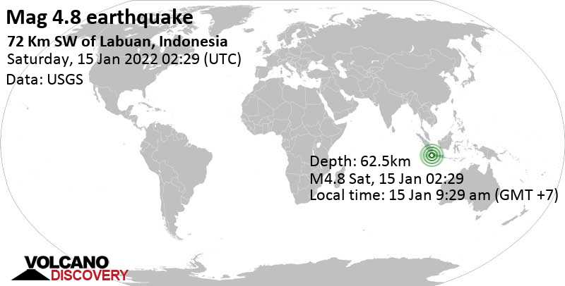 Terremoto leve mag. 4.8 - Indian Ocean, 178 km WSW of Jakarta, Indonesia, sábado, 15 ene 2022 09:29 (GMT +7)