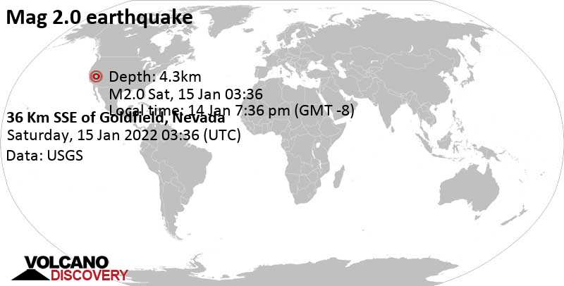 Weak mag. 2.0 earthquake - 36 Km SSE of Goldfield, Nevada, on Friday, Jan 14, 2022 at 7:36 pm (GMT -8)