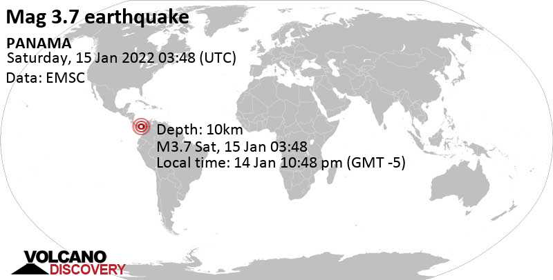 Light mag. 3.7 earthquake - 88 km southeast of Isla del Rey Island, Panama, on Friday, Jan 14, 2022 at 10:48 pm (GMT -5)
