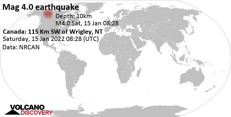 Μέτριος σεισμός μεγέθους 4.0 - Canada: 115 Km SW of Wrigley, NT, Σάββατο, 15 Ιαν 2022 01:28 (GMT -7)