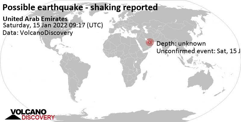 Séisme signalé ou événement semblable à un séisme: 61 km au nord-est de Abu Dhabi, Abou Dabi, Émirats arabes unis, samedi, 15 janv. 2022 13:17 (GMT +4)