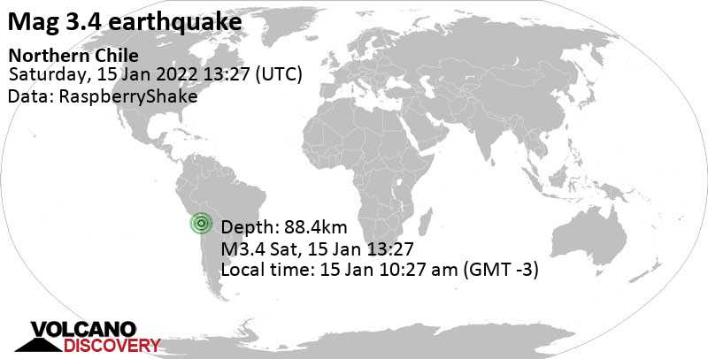 Minor mag. 3.4 earthquake - Tarapaca, Chile, on Saturday, Jan 15, 2022 at 10:27 am (GMT -3)