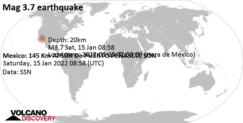 Light mag. 3.7 earthquake - Mexico on Saturday, Jan 15, 2022 at 12:58 am (GMT -8)