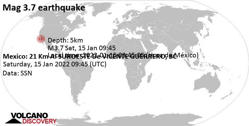 Moderate mag. 3.7 earthquake - North Pacific Ocean, Mexico, on Saturday, Jan 15, 2022 at 1:45 am (GMT -8)