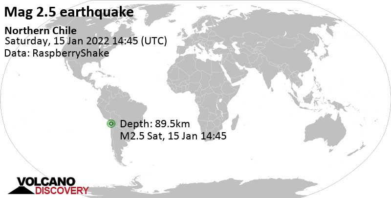 Minor mag. 2.5 earthquake - Tarapaca, Chile, on Saturday, Jan 15, 2022 at 11:45 am (GMT -3)