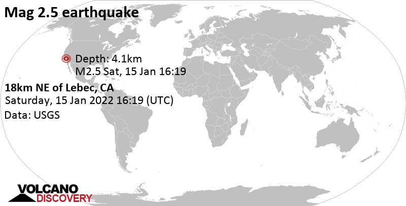 Weak mag. 2.5 earthquake - 18km NE of Lebec, CA, on Saturday, Jan 15, 2022 at 8:19 am (GMT -8)