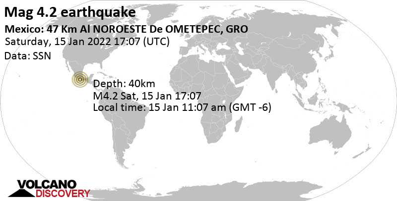 Leichtes Erdbeben der Stärke 4.2 - Guerrero, 279 km südlich von Mexiko-Stadt, Mexico City, Mexiko, am Samstag, 15. Jan 2022 um 11:07 Lokalzeit