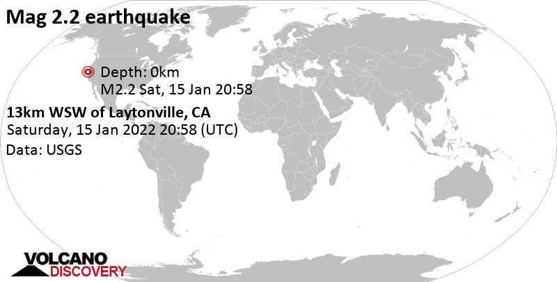 Weak mag. 2.3 earthquake - 12km WSW of Laytonville, CA, on Saturday, Jan 15, 2022 at 12:58 pm (GMT -8)