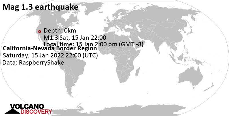 Minor mag. 1.3 earthquake - California-Nevada Border Region on Saturday, Jan 15, 2022 at 2:00 pm (GMT -8)