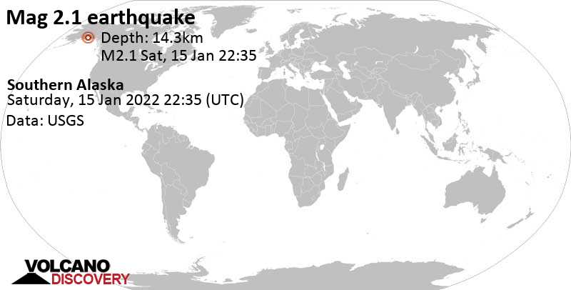 Minor mag. 2.1 earthquake - Southern Alaska on Saturday, Jan 15, 2022 at 1:35 pm (GMT -9)